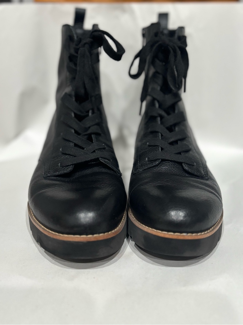 New Vionic Lani Women’s Black Leather Combat Ankle Boots Lace-Up Side Zipper 9